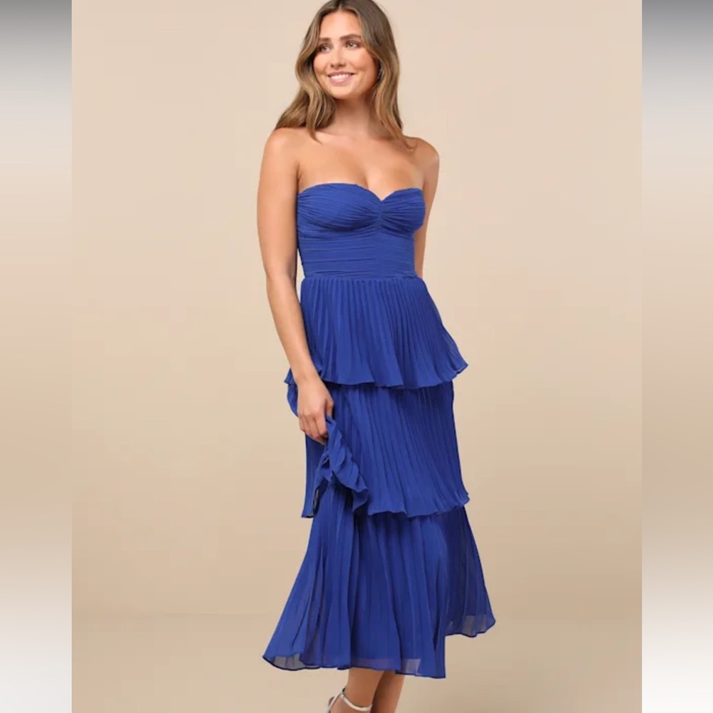 Lulus Seriously Sensational Cobalt Blue Strapless Tiered Midi Dress